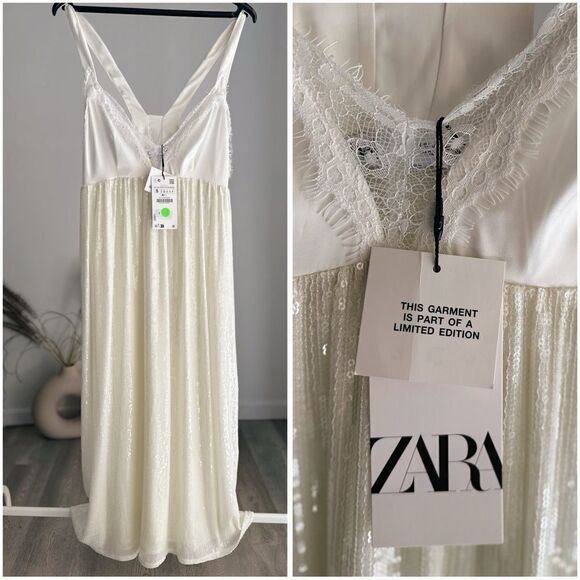 ZARA SEQUIN KNIT SLIP DRESS OFF WHITE - Picture 2 of 4